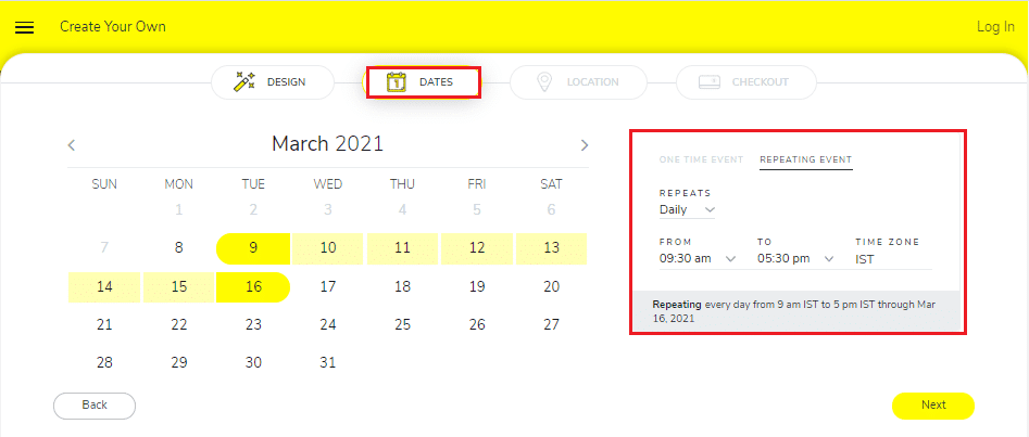 Haga clic en Siguiente para seleccionar las fechas para su filtro de geocerca.