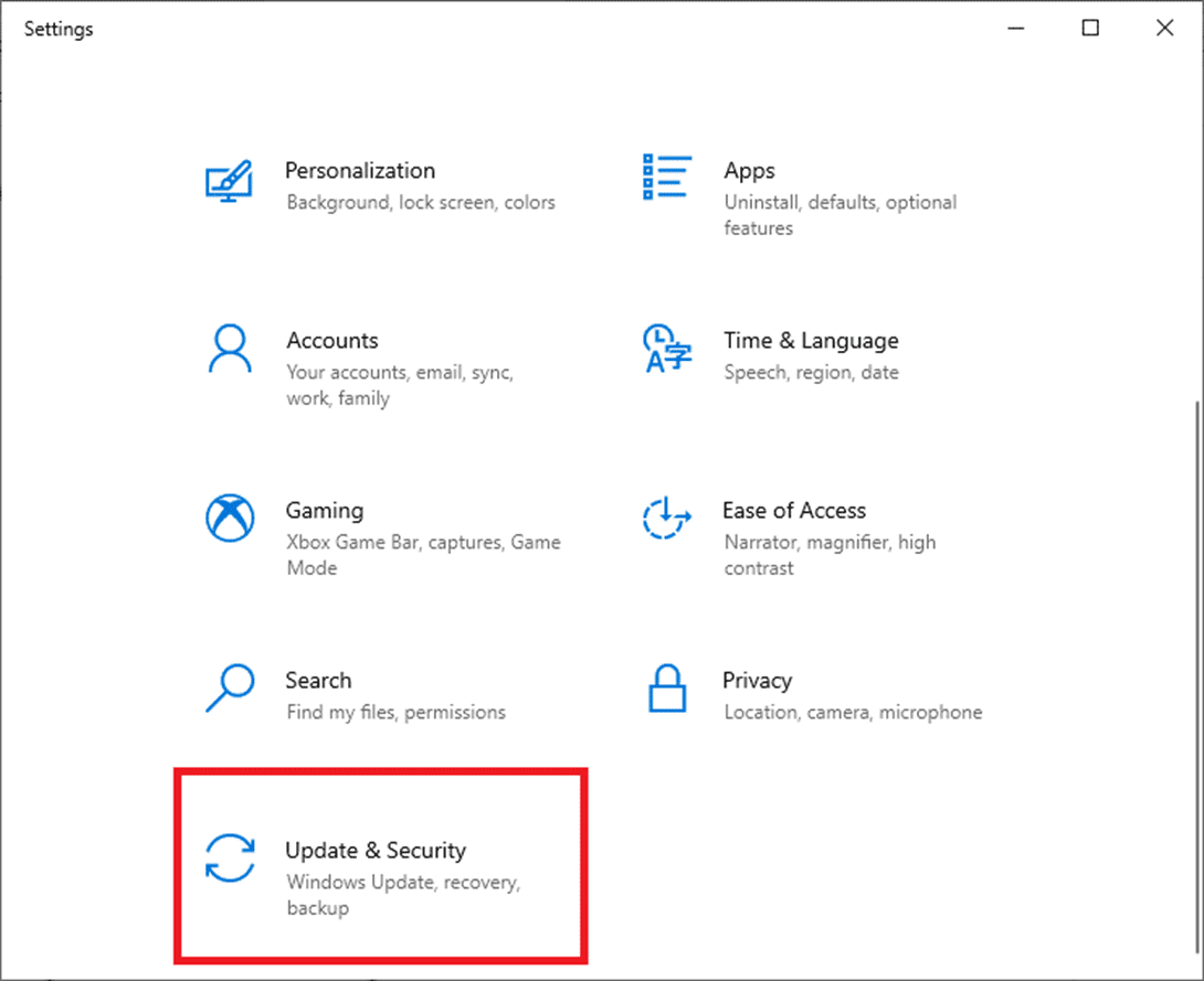 Ahora, seleccione Actualización y seguridad.  Discord cámara web pantalla verde