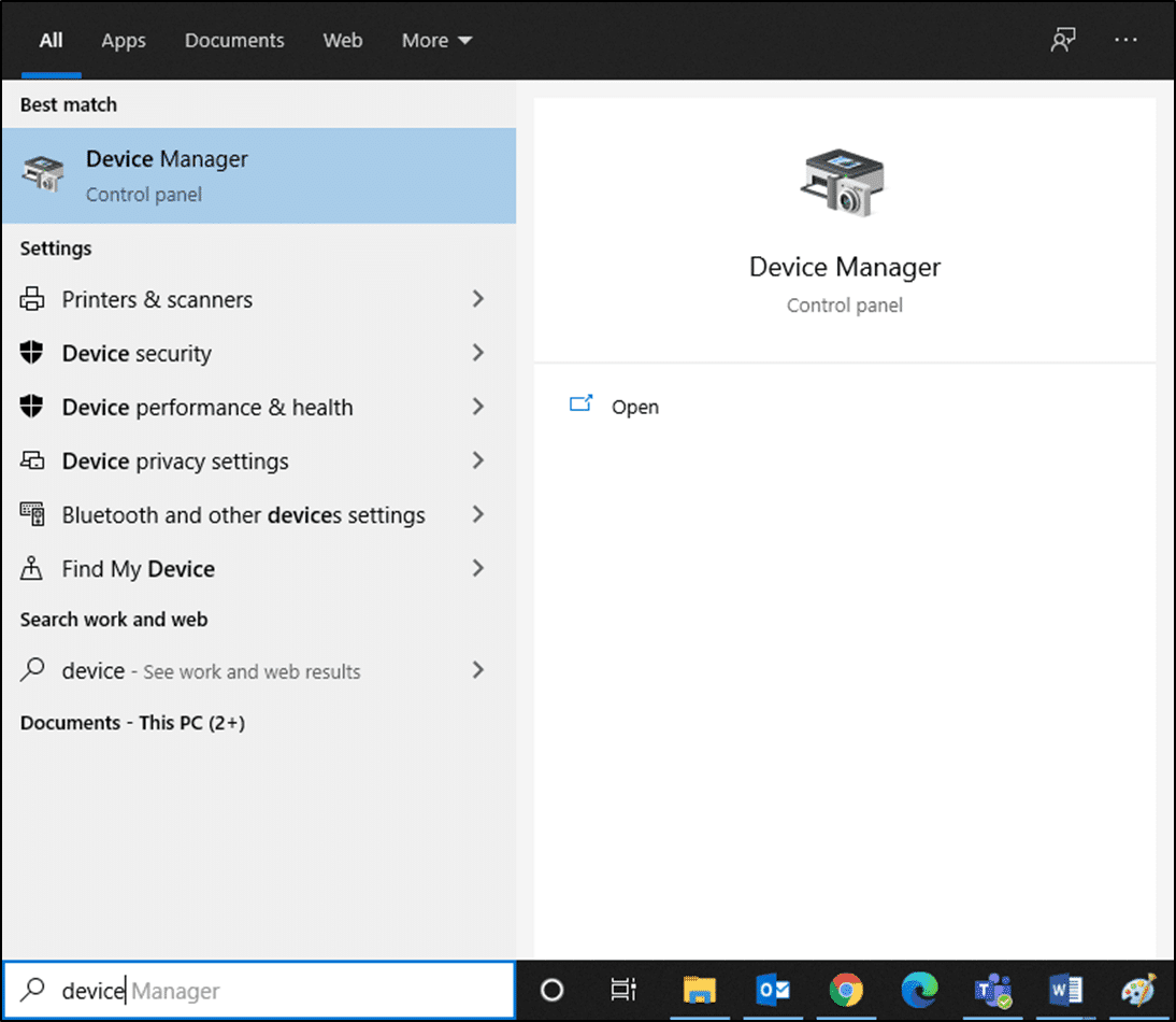 Escriba Administrador de dispositivos en el menú de búsqueda de Windows 10 |  La cámara de discord no funciona