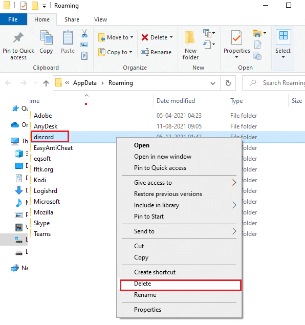 Seleccione la carpeta AppData Roaming y navegue hasta Discord |  Discord cámara web verde