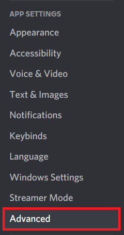 Desplácese hacia abajo hasta la pestaña CONFIGURACIÓN DE LA APLICACIÓN y haga clic en Avanzado |  Discord cámara web verde