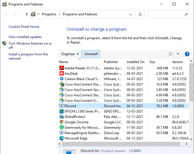 Ahora, haz clic en Discord y selecciona Desinstalar.  Cómo arreglar la cámara Discord que no funciona en Windows 10