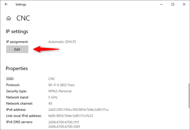 El botón Editar del área de asignación de IP
