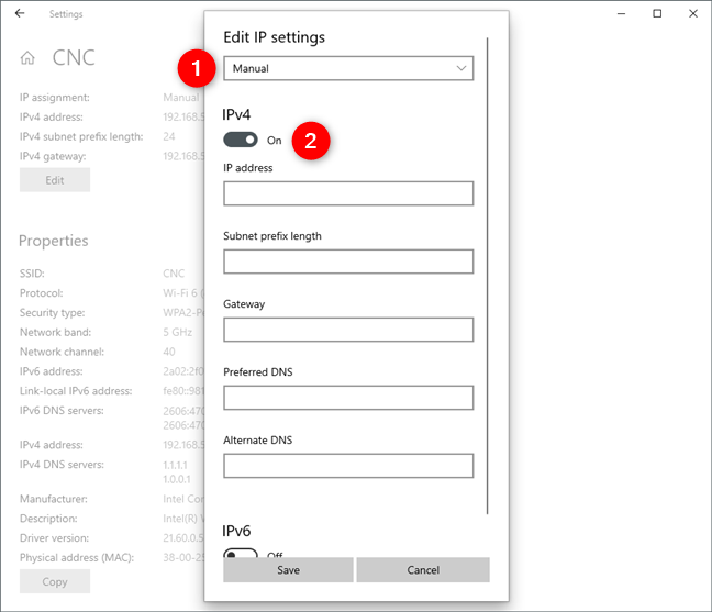 Edite la configuración de IP para cambiar la dirección IP para IPv4