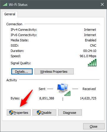 El botón Propiedades de la ventana Estado de la red