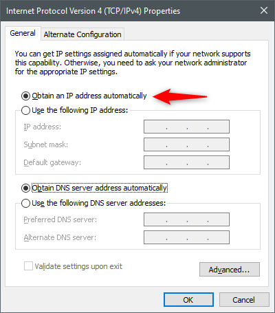 Obten una direccion IP automaticamente
