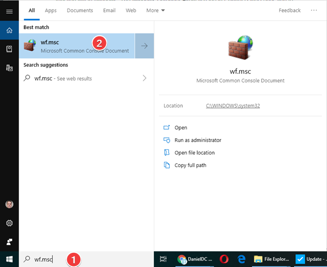 Abra el Firewall de Windows Defender con seguridad avanzada buscando wf.msc