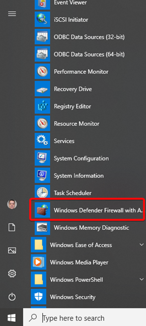 Firewall de Windows Defender con seguridad avanzada en el menú Inicio de Windows 10