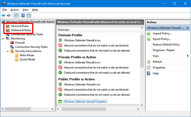 Reglas de entrada y salida para el Firewall de Windows Defender