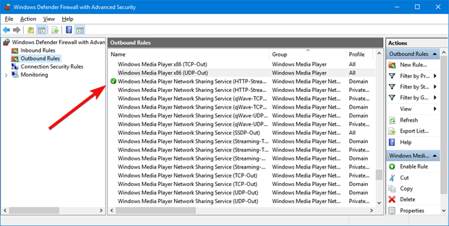 Una regla habilitada en el Firewall de Windows Defender