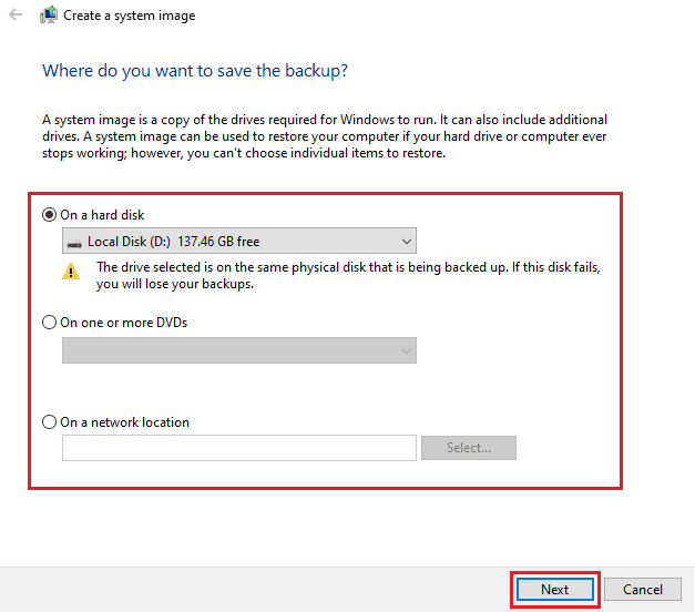 Seleccione el disco duro deseado en el que desea crear una copia de seguridad de la imagen de Windows y haga clic en Siguiente para iniciar el proceso de copia de seguridad