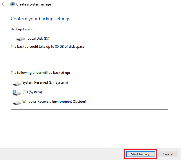 después de confirmar todas las configuraciones, haga clic en Iniciar copia de seguridad para finalmente crear una imagen de su computadora