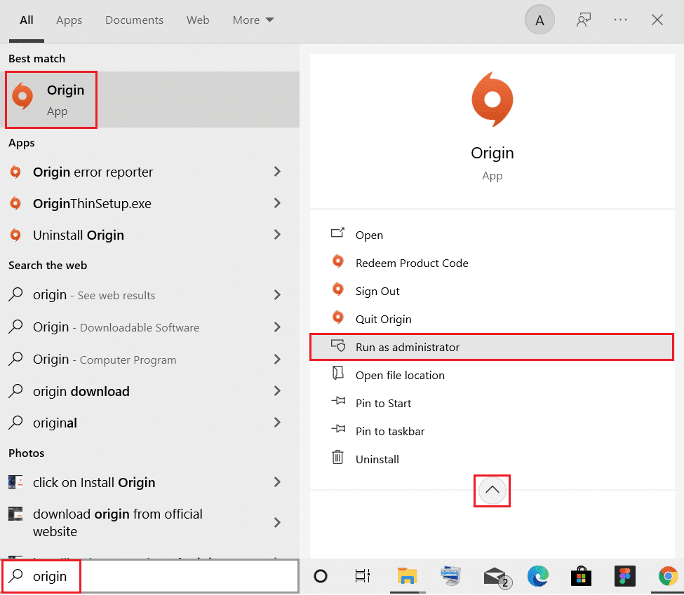 abra la aplicación Origin como administrador desde la barra de búsqueda de Windows.  Cómo reparar el error de origen 327683:0