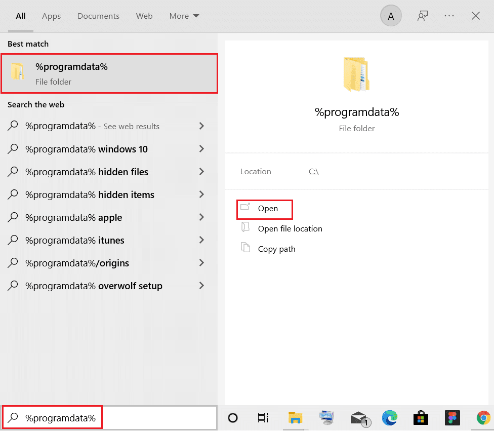 Abra la carpeta de datos del programa desde la barra de búsqueda de Windows.  Cómo reparar el error de origen 327683:0