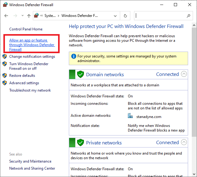 En la ventana emergente, haga clic en Permitir una aplicación o función a través del Firewall de Windows Defender.  Cómo reparar el error de origen 327683:0