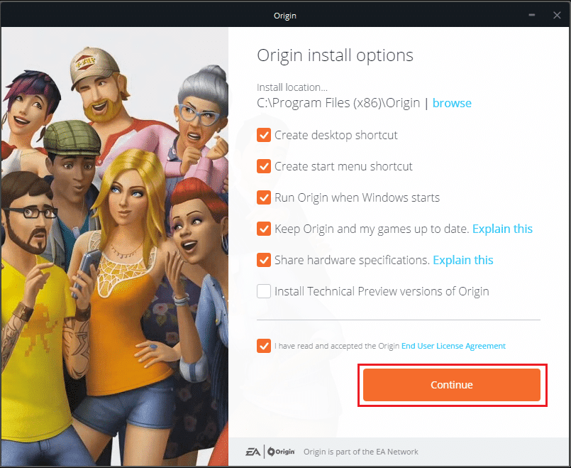 seleccione la ubicación de instalación y otra información y acepte el acuerdo de licencia, luego haga clic en Continuar para instalar Origin