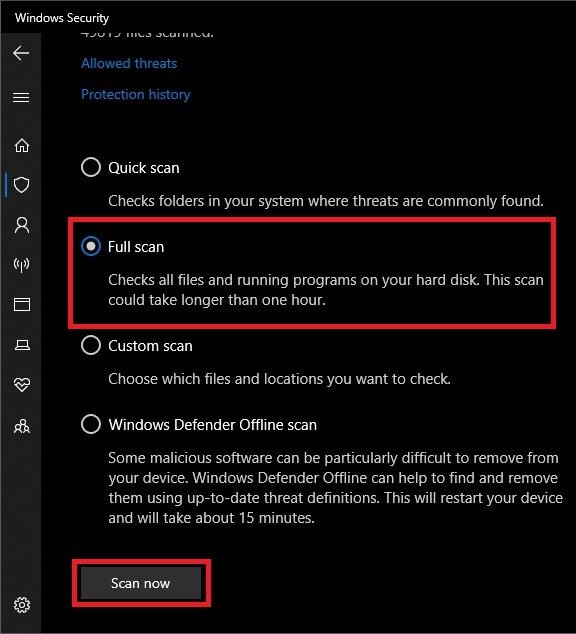 Seleccione la opción Escaneo completo y haga clic en el botón Escanear ahora para comenzar a escanear
