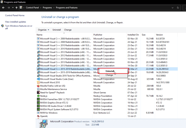 desinstalar microsoft visual c plus plus redistribuible.  Solucionar el mensaje de error 400 de Dropbox en Windows 10