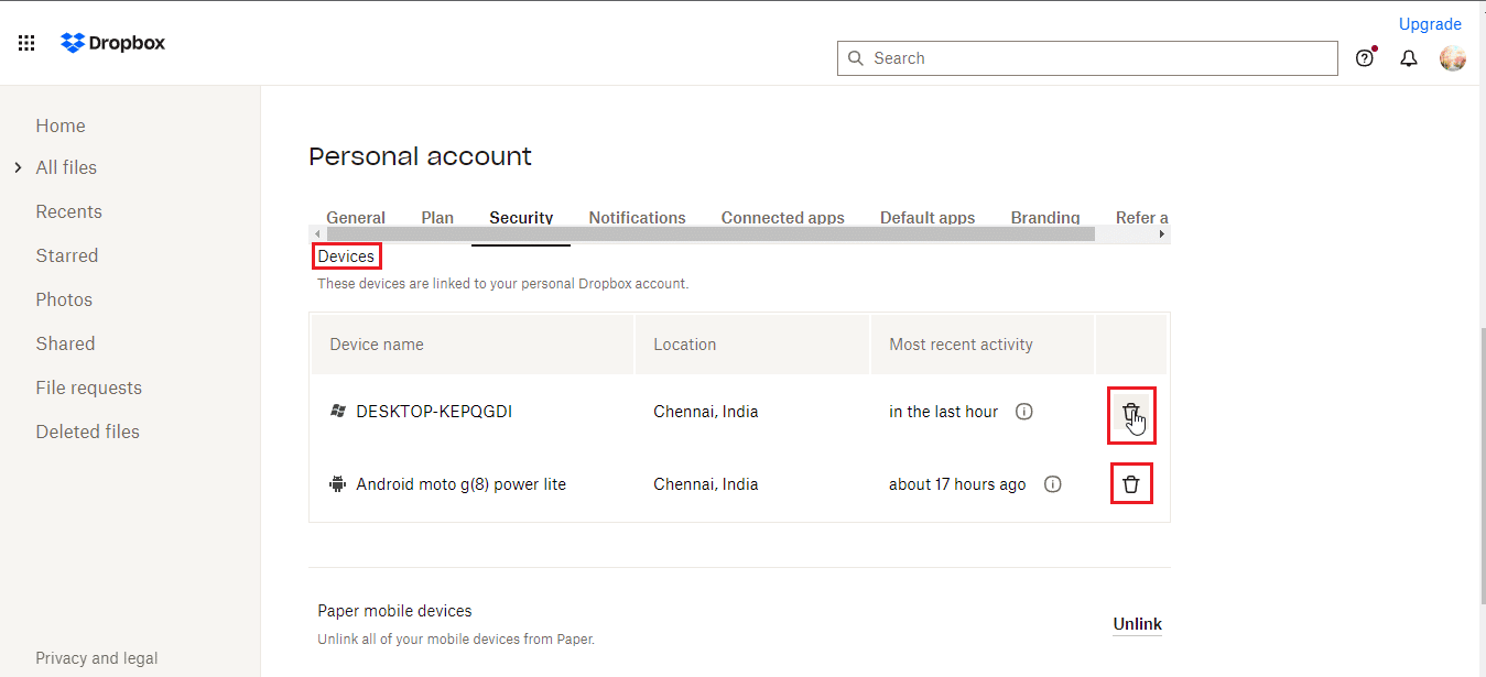 Desplácese hacia abajo y haga clic en el icono de la papelera junto al dispositivo que desea eliminar.  Solucionar el mensaje de error 400 de Dropbox en Windows 10