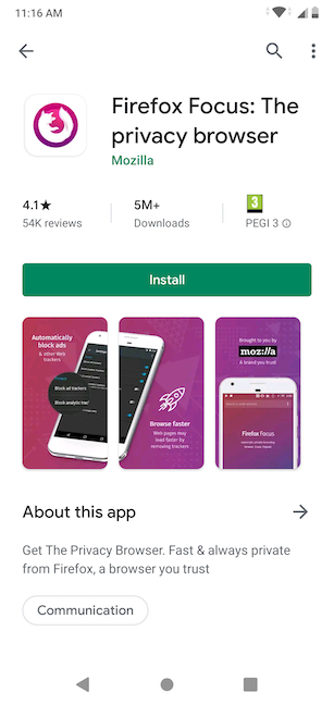 La página de Play Store para Firefox Focus
