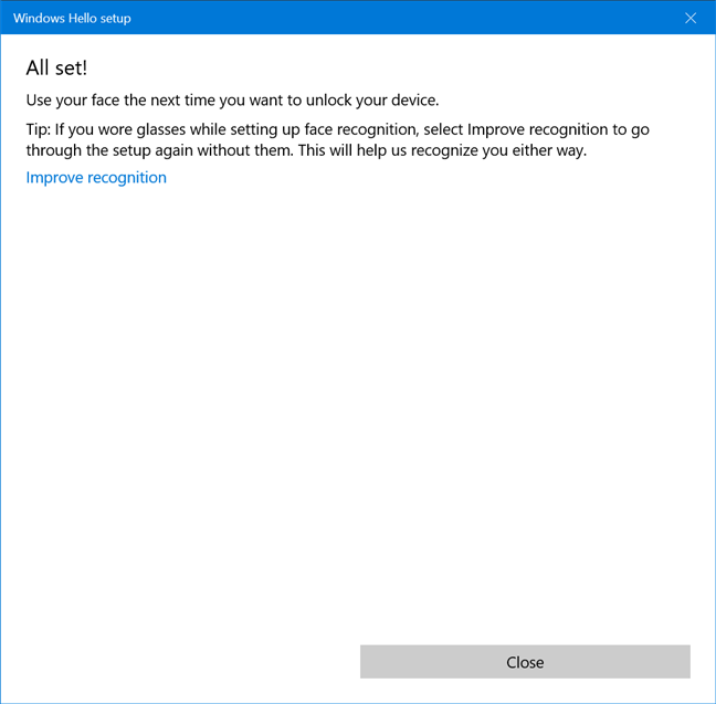 Cierre el asistente de instalación de Windows Hello