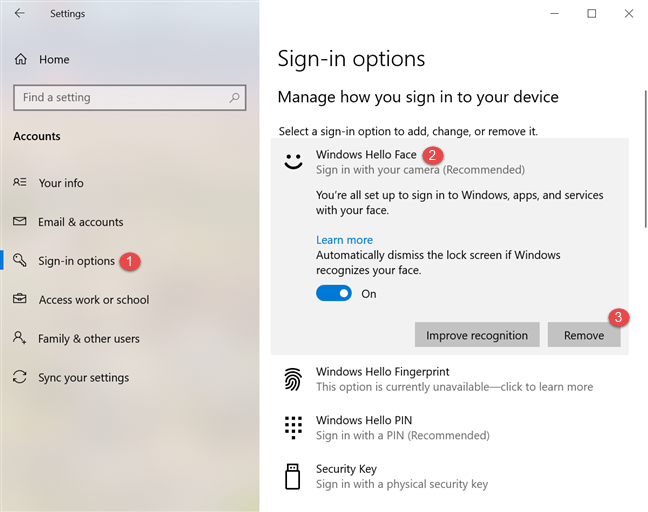 Desactivar la cara de Windows Hello