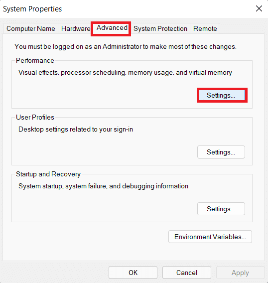vaya a la pestaña avanzada y seleccione el botón Configuración para Rendimiento en Propiedades del sistema. Solucionar el error 0x80070718 en Windows 10