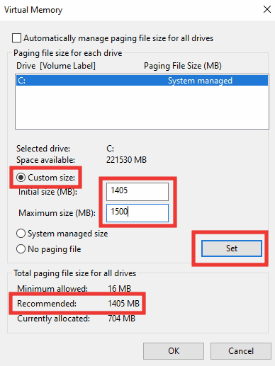 haga clic en tamaño personalizado ahora ingrese el tamaño inicial en la memoria virtual. Solucionar el error 0x80070718 en Windows 10