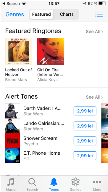 Sección de tonos de llamada en iTunes Store