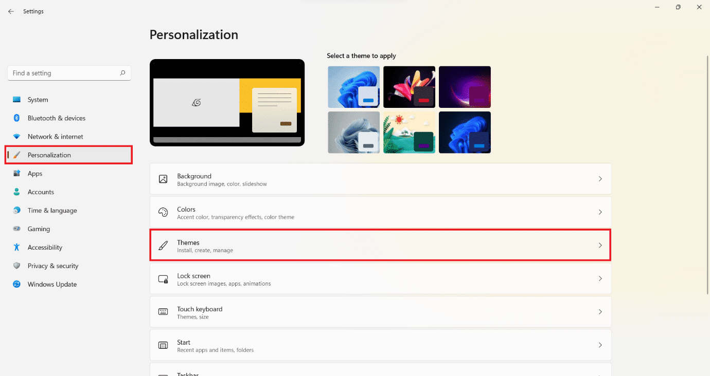 La sección Personalización en la aplicación Configuración.  ¿Cómo restaurar el icono de la papelera en Windows 11?