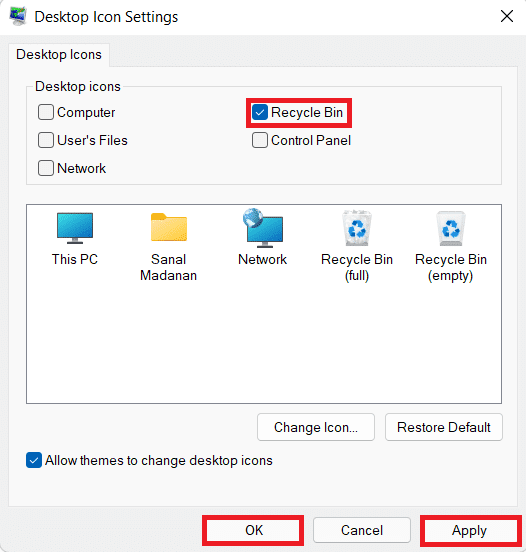 Cuadro de diálogo Configuración de iconos de escritorio