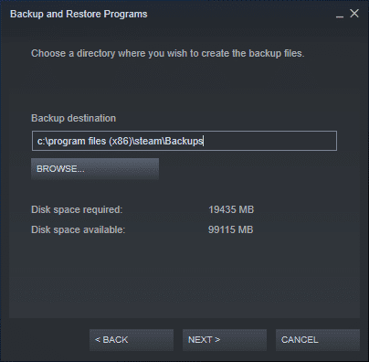 Elija o explore el destino de la copia de seguridad y haga clic en SIGUIENTE.  Cómo hacer una copia de seguridad de los juegos de Steam