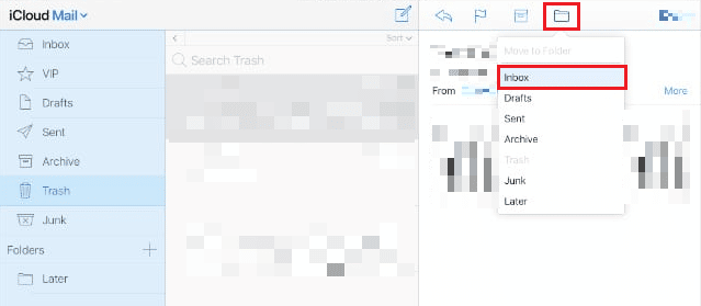 haga clic en Mover a icono - Bandeja de entrada |  Cómo recuperar el correo electrónico de iCloud eliminado