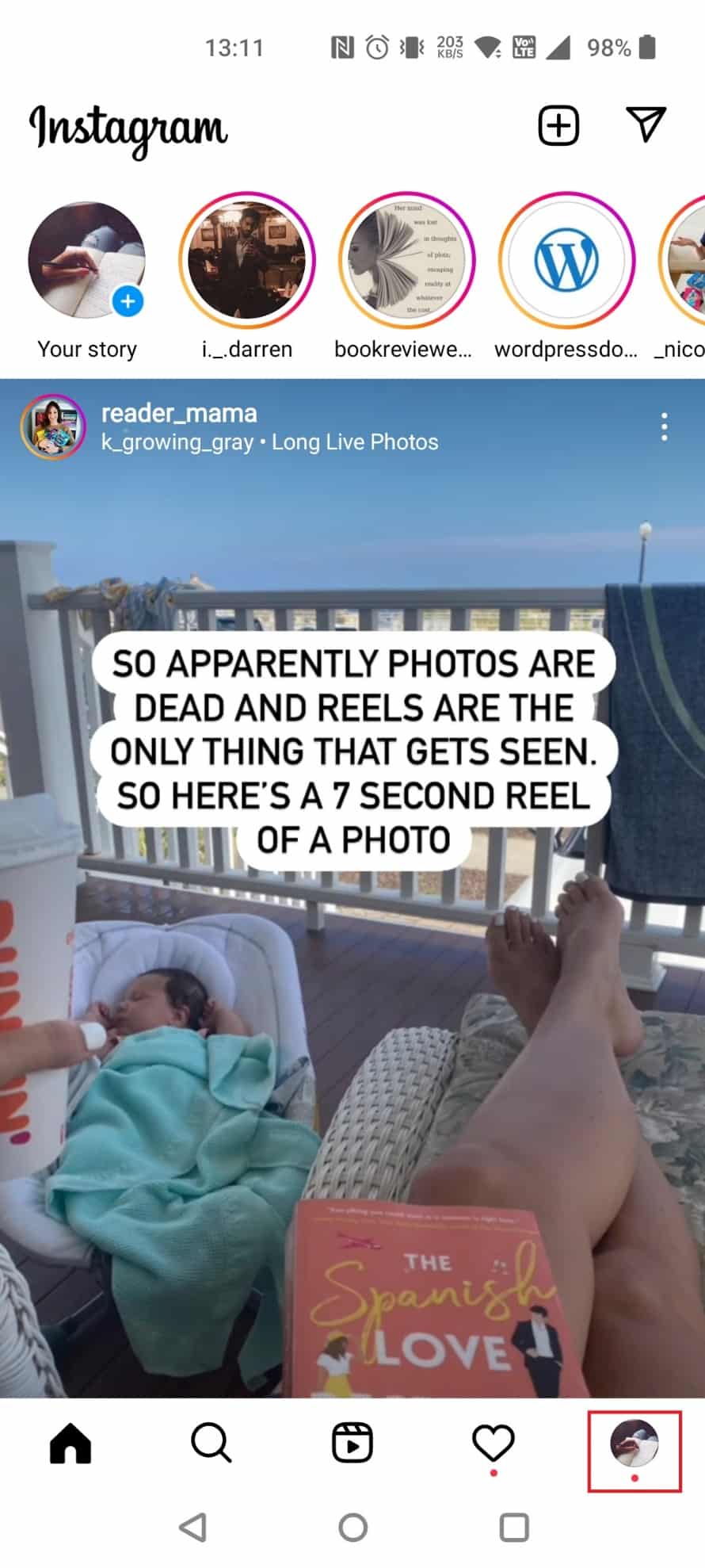 Toque el ícono de perfil en la esquina inferior derecha |  Cómo ver el historial de búsqueda eliminado en Instagram