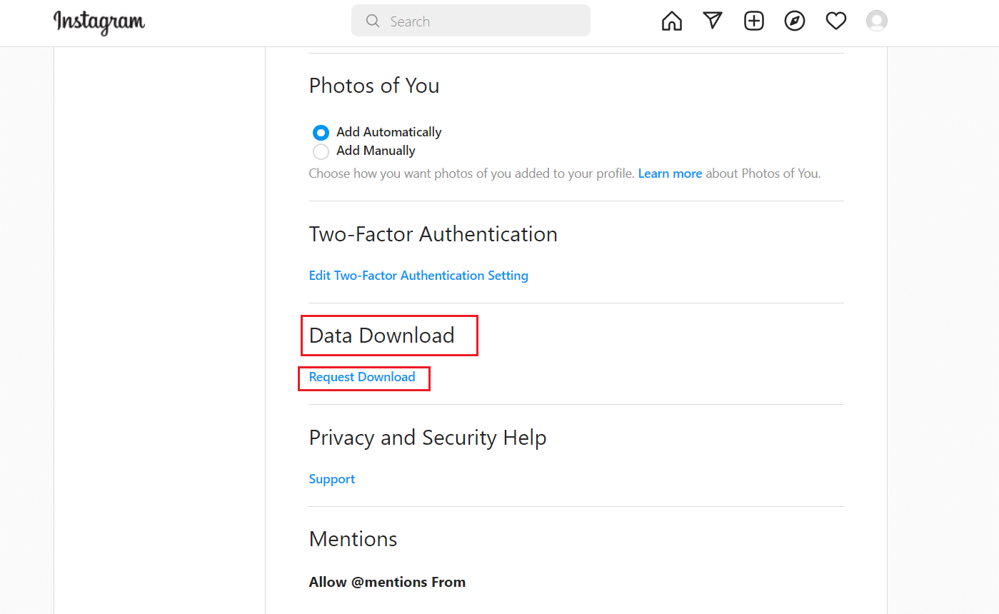 En el menú Privacidad y seguridad, busque la sección Descarga de datos y haga clic en la opción Solicitar descarga