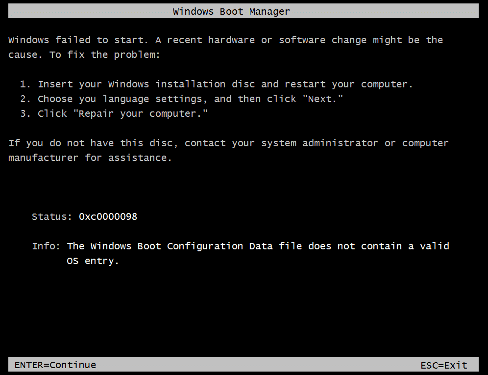 Solucione el error de arranque 0xc0000098 en Windows 10