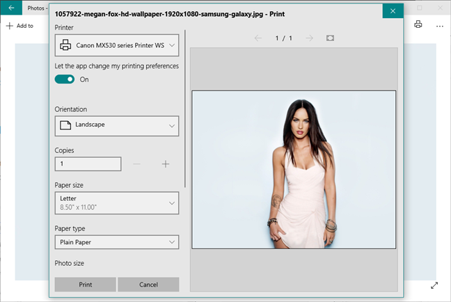 El cuadro de diálogo Imprimir en la aplicación Fotos en Windows 10
