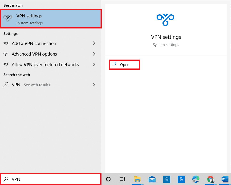 Presione la tecla de Windows e ingrese la configuración de VPN en la barra de búsqueda |  cómo deshabilitar VPN en Windows 10
