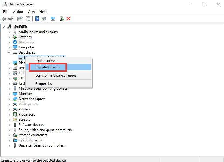 Haga clic derecho en su disco duro y haga clic en Desinstalar dispositivo.  Arreglar disco duro externo no accesible en Windows 10