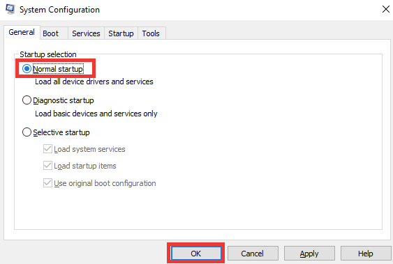 seleccione el inicio normal.  Arreglar disco duro externo no accesible en Windows 10