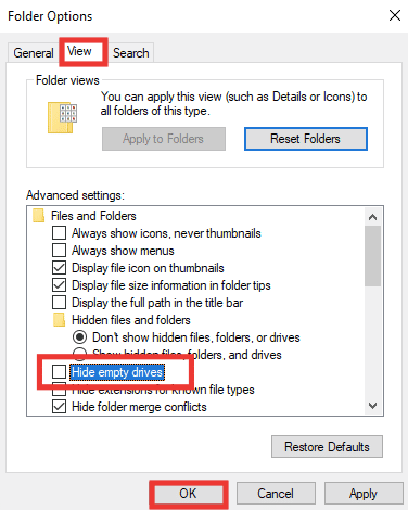 Vaya a la pestaña Ver, luego desmarque la opción Ocultar unidades vacías y haga clic en Aceptar.  Arreglar disco duro externo no accesible en Windows 10