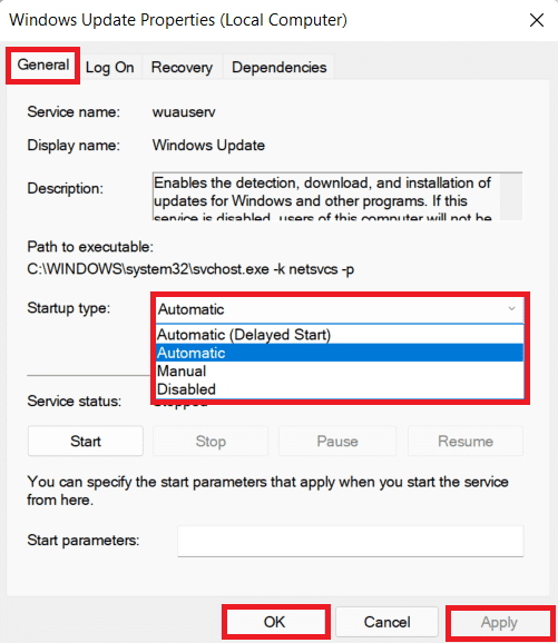 Propiedades de actualización de Windows en la ventana Servicios