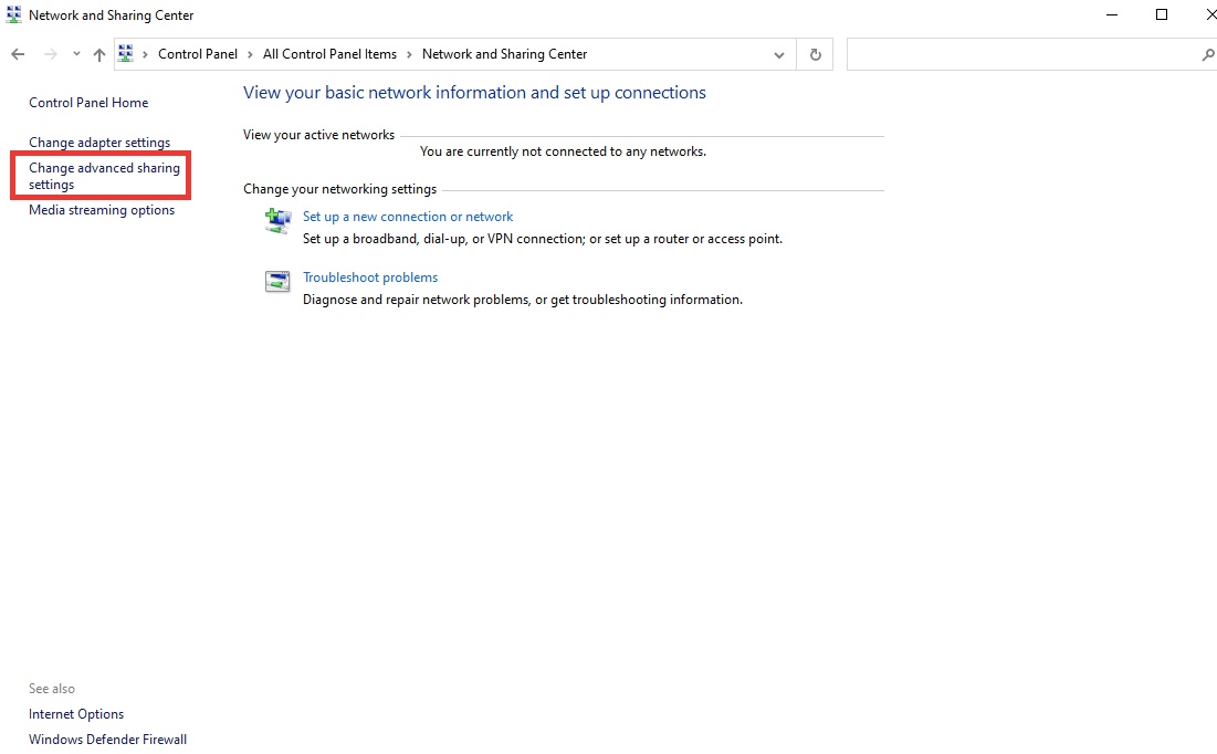 haga clic en Cambiar la configuración de uso compartido avanzado.  Arreglar el código de error del sistema 1231 en Windows 10