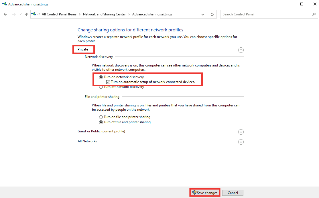 haga clic en Activar descubrimiento de red y haga clic en la casilla de verificación de activar la configuración automática de la opción de dispositivos conectados a la red.  Arreglar el código de error del sistema 1231 en Windows 10