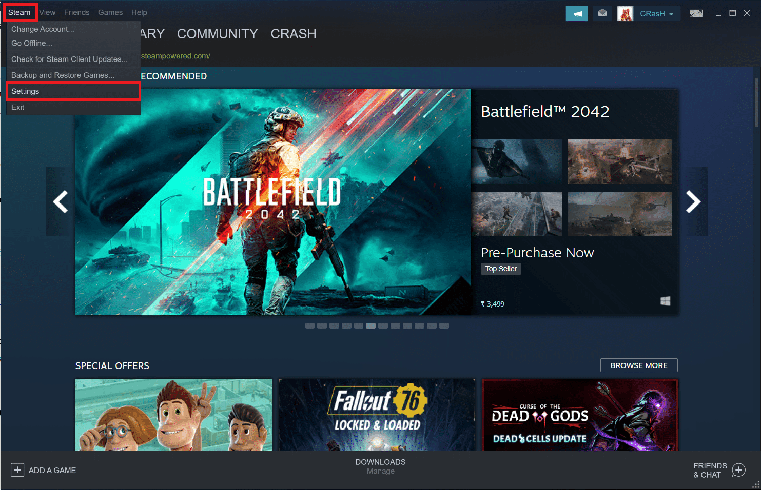 Haga clic en Steam en la esquina superior izquierda y haga clic en Configuración en el menú desplegable.