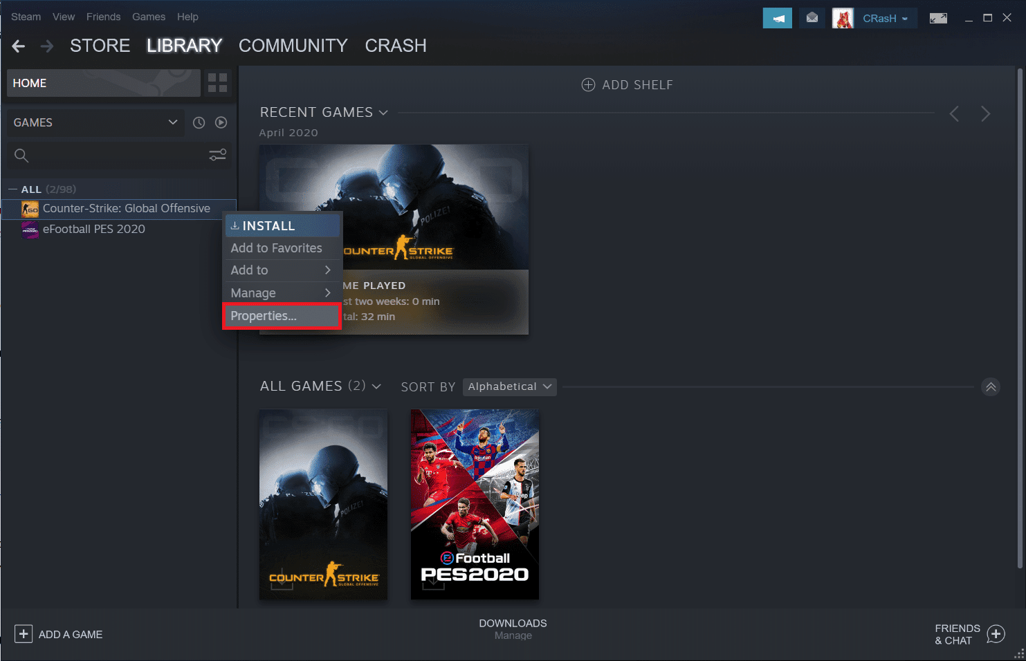 Haga clic con el botón derecho en el que desea deshabilitar Superposición en el juego y haga clic en Propiedades. Cómo deshabilitar la superposición de Steam
