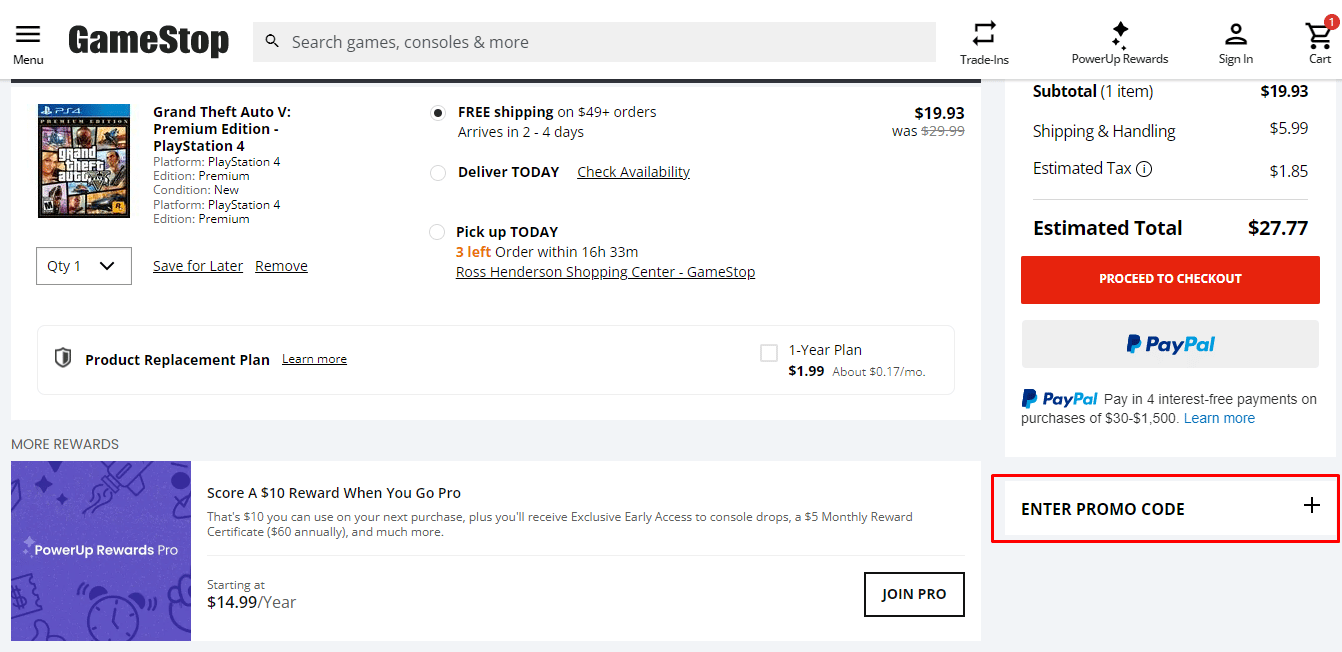 Ahora, será redirigido a su tarjeta GameStop y luego deberá hacer clic en Ingresar código de promoción justo debajo del resumen del pedido. | ¿Qué es el valor de membresía de GameStop? | Intercambio de GameStop vale la pena