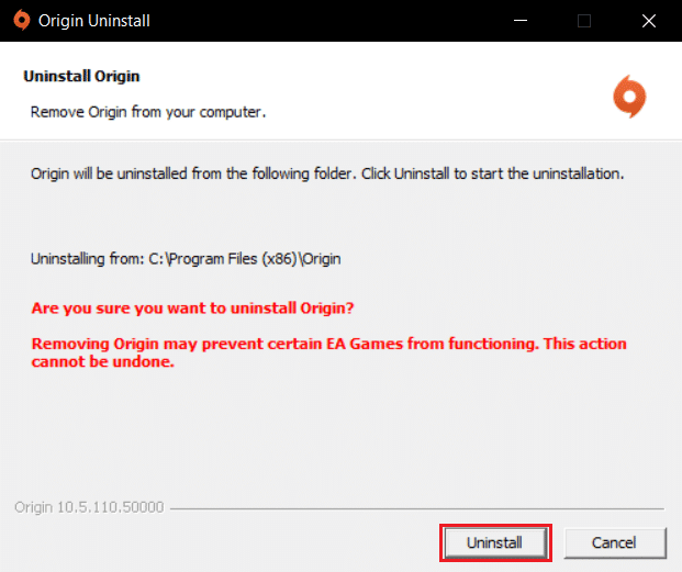 haga clic en Desinstalar en el asistente de desinstalación de Origin.  Cómo reparar el error de origen 9:0
