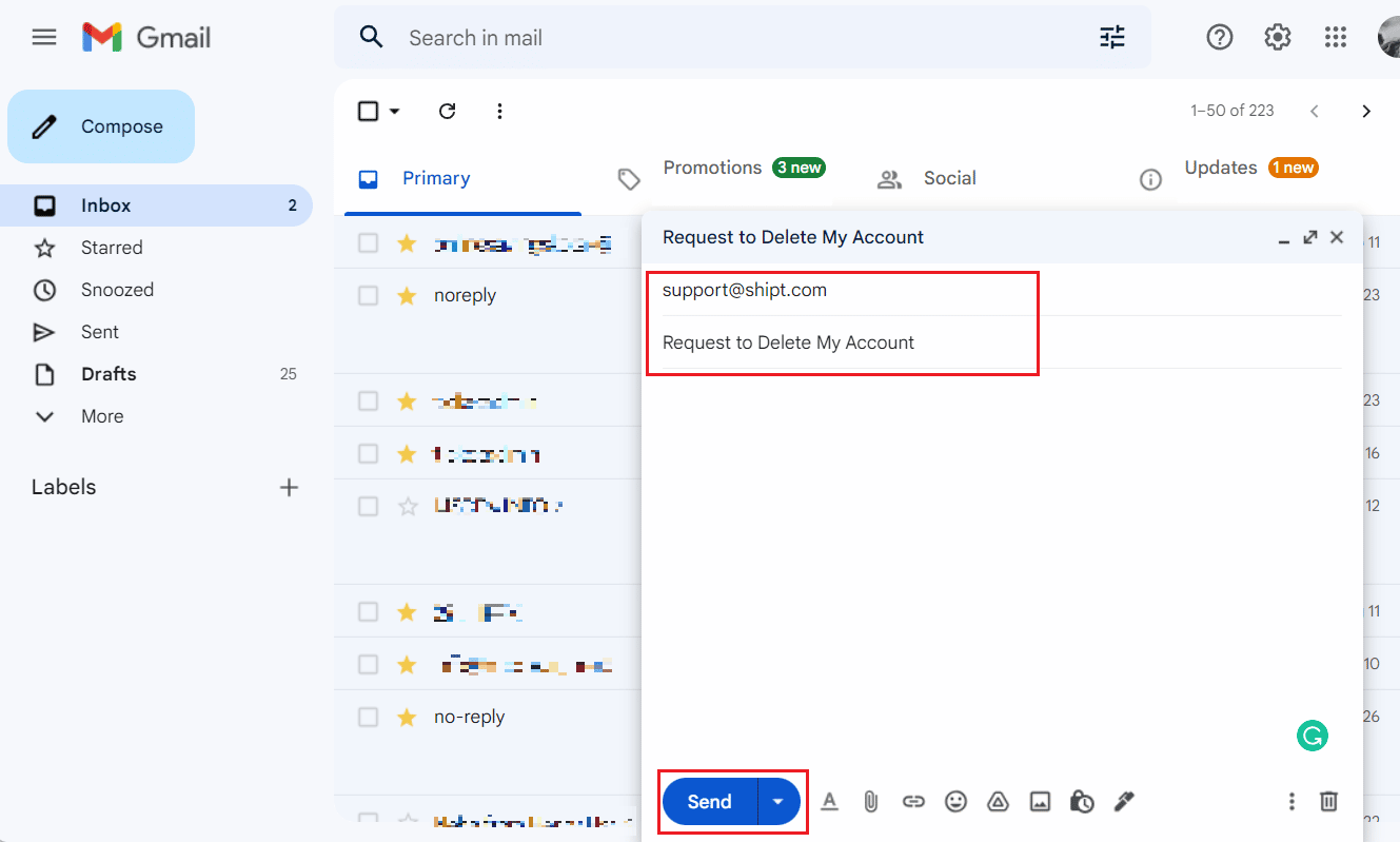 Redactar correo electrónico - Asunto - Solicitud para eliminar mi cuenta - Enviar a support@shipt.com
