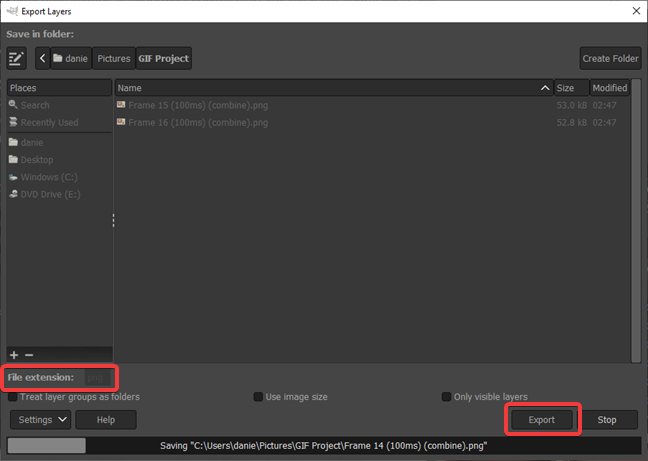 Seleccione una extensión de archivo para exportar capas en GIMP